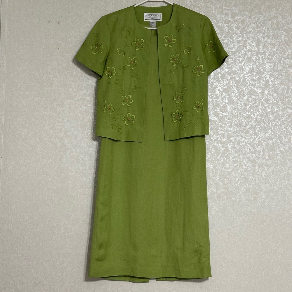 Jessica Howard Floral Embroidered Jacket Dress Set Linen Blend Green 4P